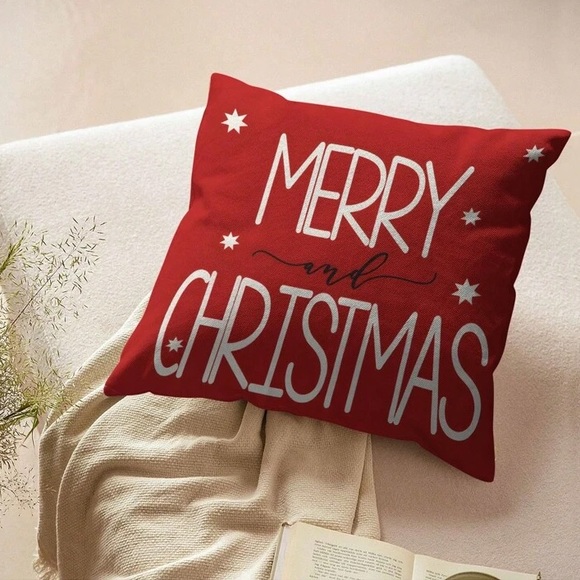 NWT- Set of 4- Red & Cream- Merry Christmas, Linen Pillow Covers Set 18x18 - Picture 5 of 7